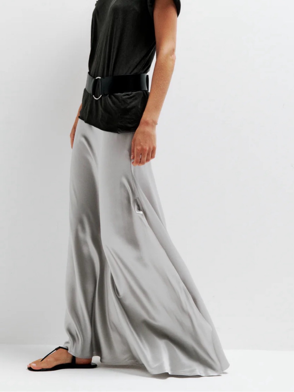 Flowing Wide-Leg Satin Pants In Light Gray